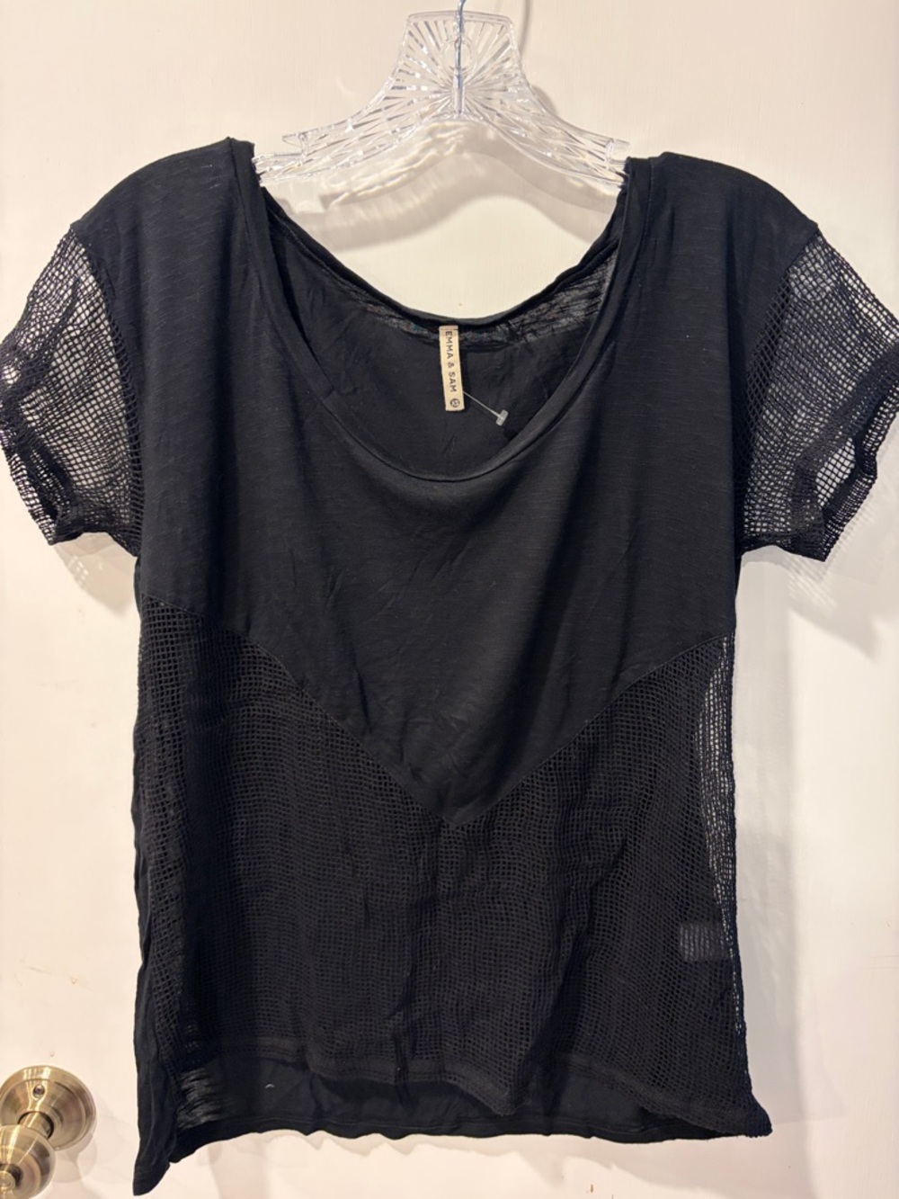 Emma & Sam black XS Mesh Panel Scoop Neck Top short sleeve